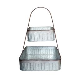 2 Tier Square Galvanized Metal Corrugated Tray with Arched Handle; Gray
