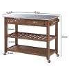 2 Drawers Wooden Frame Kitchen Cart with Metal Top and Casters; Brown and Gray; DunaWest