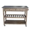 2 Drawers Wooden Frame Kitchen Cart with Metal Top and Casters; Brown and Gray; DunaWest