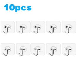 Transparent Wall Hooks Hangers Self Adhesive Door Wall Hangers Hooks Suction Heavy Load Rack For Kitchen Bathroom Accessories (Color: White, size: 10pcs)