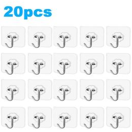 Transparent Wall Hooks Hangers Self Adhesive Door Wall Hangers Hooks Suction Heavy Load Rack For Kitchen Bathroom Accessories (Color: White, size: 20pcs)