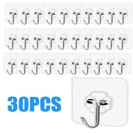 Transparent Wall Hooks Hangers Self Adhesive Door Wall Hangers Hooks Suction Heavy Load Rack For Kitchen Bathroom Accessories (Color: White, size: 30pcs)