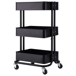 3-Tier Metal Rolling Cart, Utility Cart, Kitchen Cart with Adjustable Shelves, Storage Trolley with 2 Brakes, Easy Assembly, for Kitchen, Bathroom (Color: Black)
