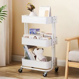 3-Tier Metal Rolling Cart, Utility Cart, Kitchen Cart with Adjustable Shelves, Storage Trolley with 2 Brakes, Easy Assembly, for Kitchen, Bathroom (Color: White)